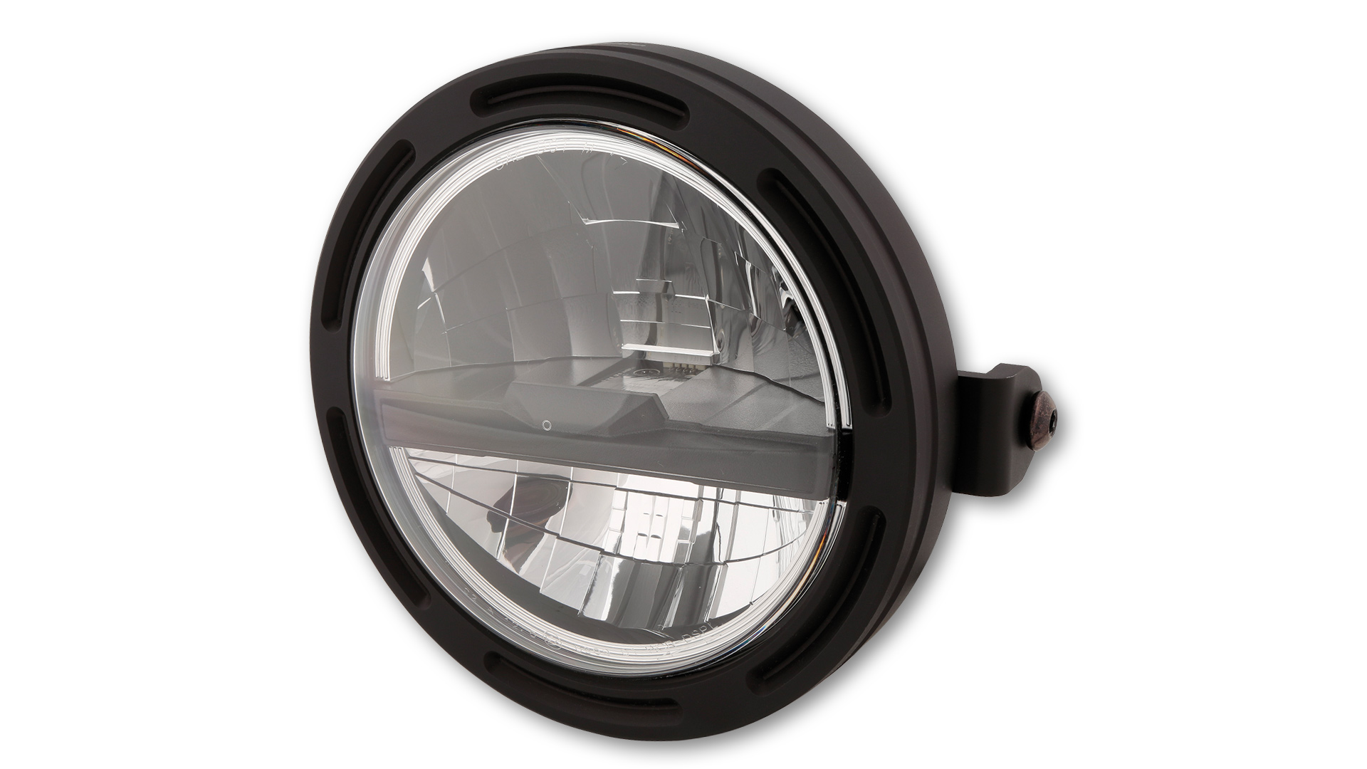 5 3/4 Zoll LED Hauptscheinwerfer FRAME-R2 TYP 5 mit Standlicht Funktion, rund mit verchromtem Reflektor, schwarzer Blende und klarem Glas. Erhältlich mit seitlicher oder unterer Befestigung,  E-geprüft.