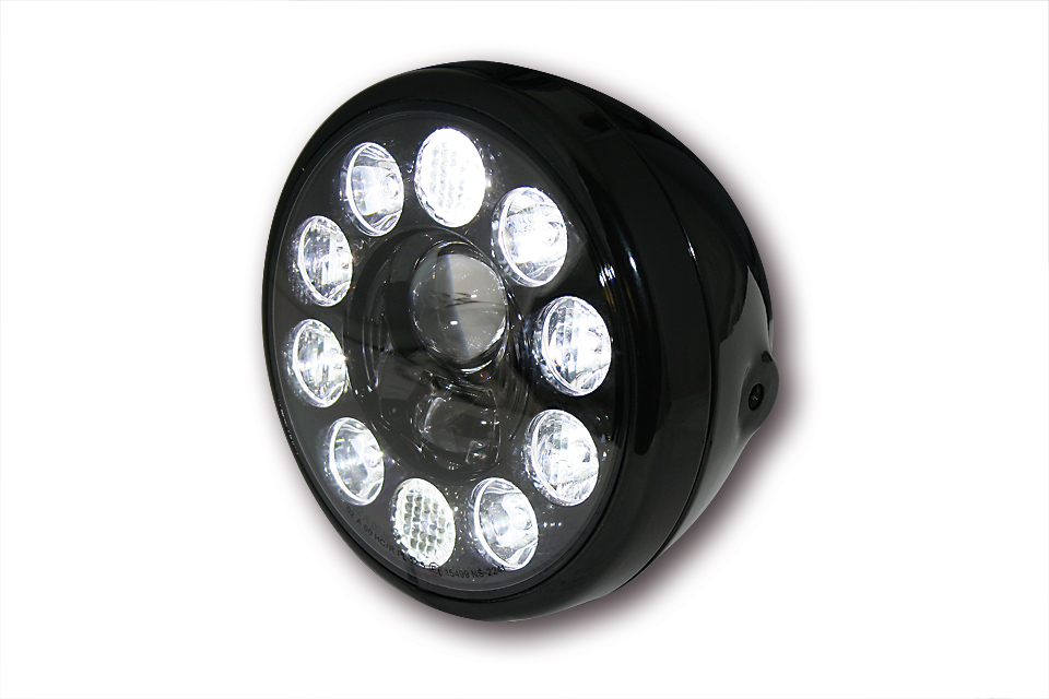 HIGHSIDER 7 Zoll LED-Scheinwerfer RENO TYP 1, Metallgehäuse hochglanz schwarz mit schwarzem Einsatz, rund, seitliche Befestigung, E-geprüft
