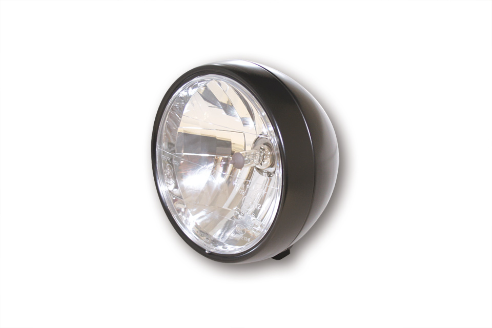 SHIN YO Scheinwerfer, 6 1/2 Zoll mit unterer Befestigung, Metallgehäuse schwarz seidenmatt, Klarglas-Reflektor mit Standlicht, E-geprüft.