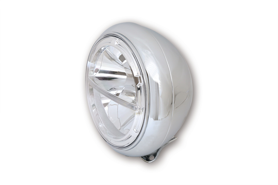 HIGHSIDER VOYAGE HD-STYLE LED-Scheinwerfer, 7 Zoll, Metallgehäuse mit Einsatz, klares Glas, rund, untere Befestigung, E-geprüft.In verschiedenen Farben erhältlich.