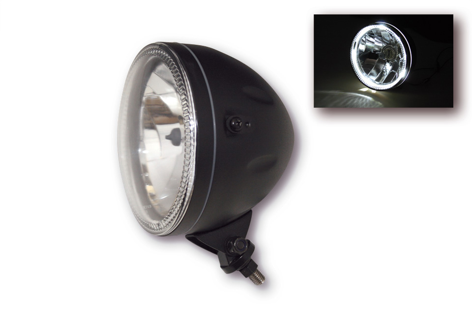 HIGHSIDER 5 3/4 Zoll Hauptscheinwerfer SKYLINE mit LED Standlichtring, Metallgehäuse schwarz, H4, 12V 60/55 W, untere Befestigung, E-gepr.