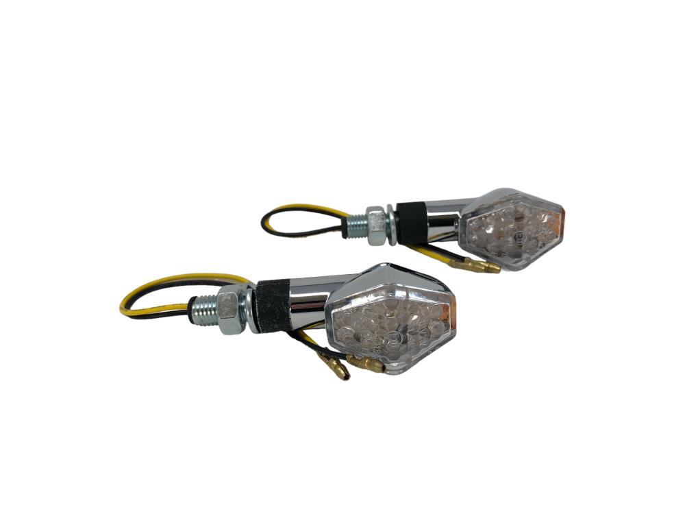 Highway Hawk Blinker-Set LED "Hexagon" in Chrom E-Markierung M10 Gewinde Kurzer Stiel (2 Stück)