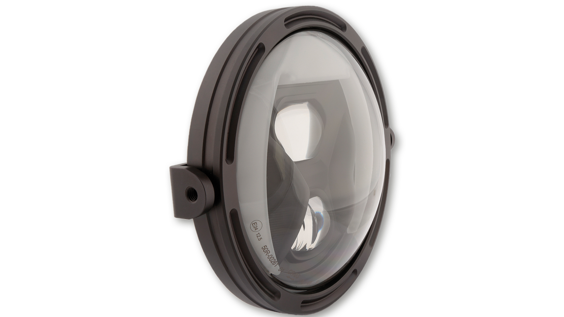 7 Zoll LED Hauptscheinwerfer mit Tagfahr-, Positions- und Kurvenlicht, rund, Reflektor Schwarz, mit getöntem Glas, E-geprüft. Erhältlich mit seitlicher oder unterer Befestigung.