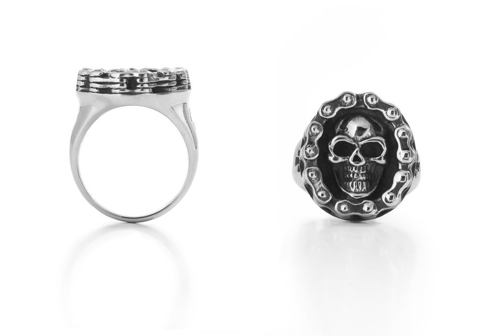Highway Hawk Ring Siegelring "Skull with Chain" Edelstahl poliert