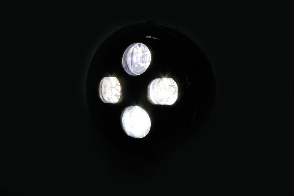 HIGHSIDER 5 3/4 Zoll LED-Hauptscheinwerfer ATLANTA mit Standlicht, Metallgehäuse schwarz, untere Befestigung, E-geprüft.