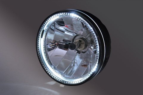 HIGHSIDER 5 3/4 Zoll Hauptscheinwerfer SKYLINE mit LED Standlichtring, Metallgehäuse schwarz, H4, 12V 60/55 W, seitliche Befestigung, E-gepr.