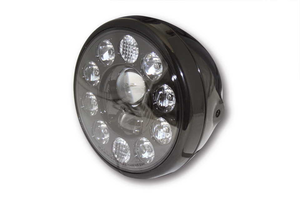 HIGHSIDER 7 Zoll LED-Scheinwerfer RENO TYP 1, Metallgehäuse hochglanz schwarz mit schwarzem Einsatz, rund, seitliche Befestigung, E-geprüft