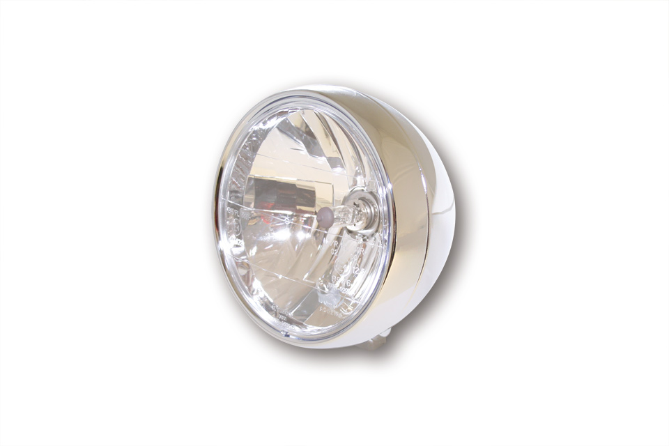 SHIN YO Scheinwerfer, 6 1/2 Zoll mit unterer Befestigung, Metallgehäuse verchromt, Klarglas-Reflektor mit Standlicht, E-geprüft.