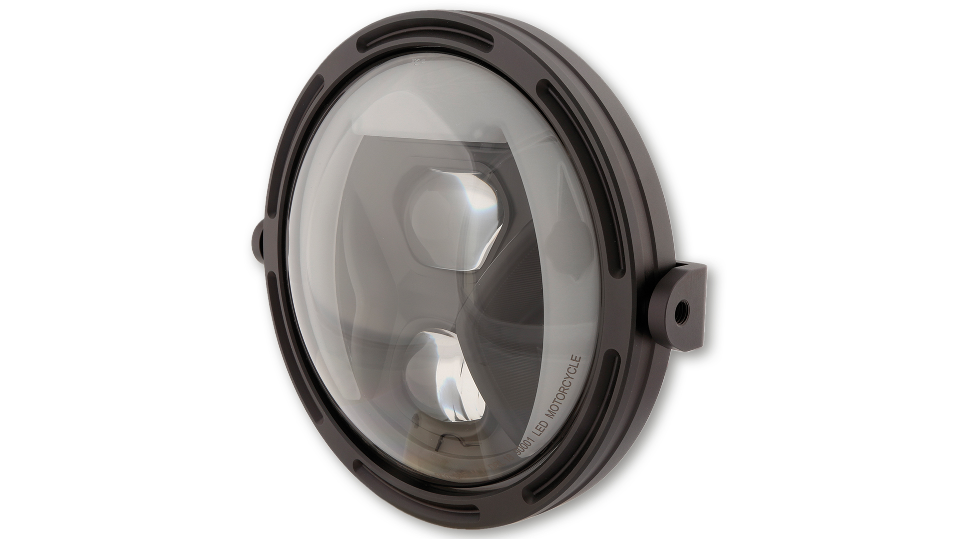 7 Zoll LED Hauptscheinwerfer mit Tagfahr-, Positions- und Kurvenlicht, rund, Reflektor Schwarz, mit getöntem Glas, E-geprüft. Erhältlich mit seitlicher oder unterer Befestigung.